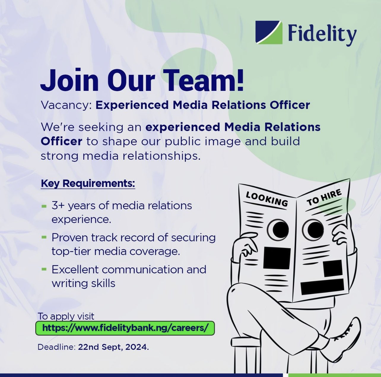 Media Relations Officer Needed at Fidelity Bank