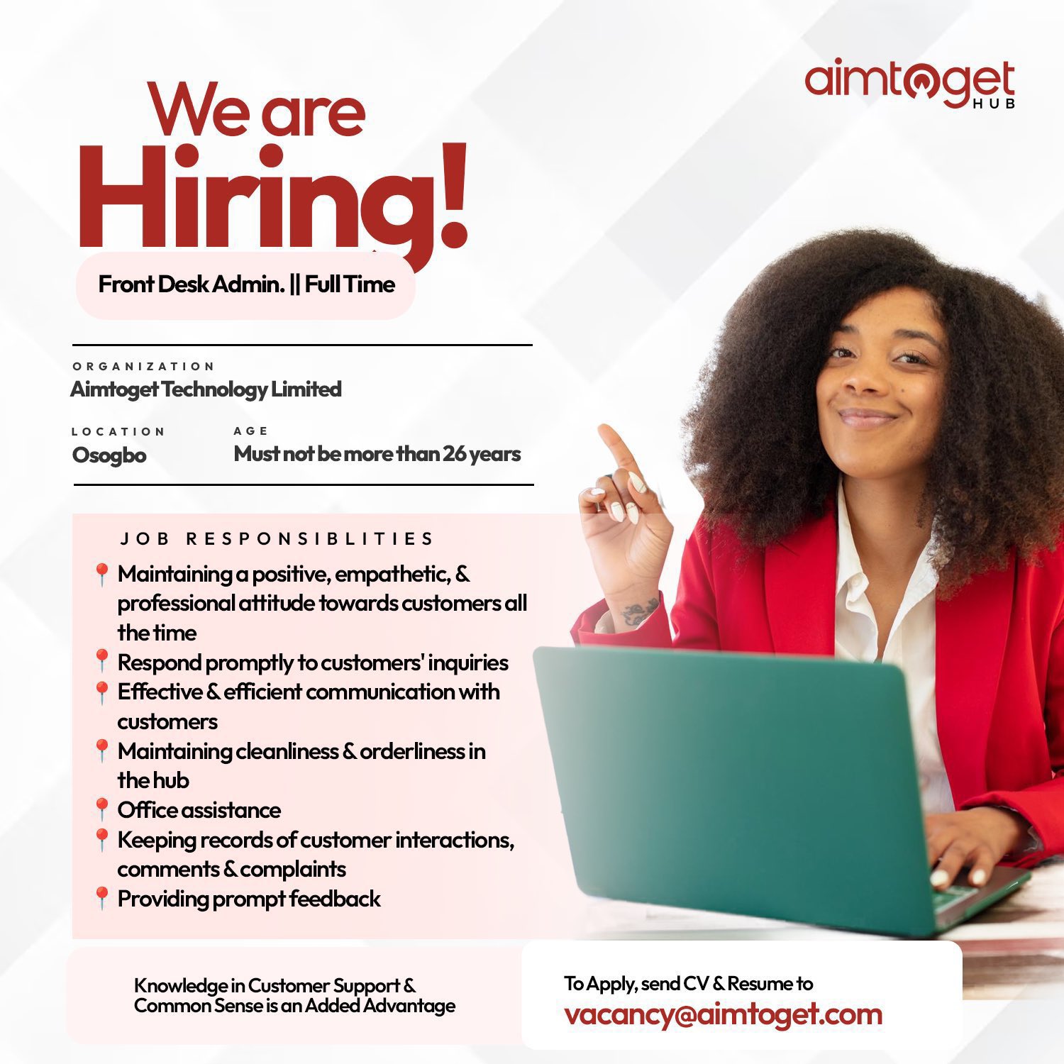 Front Desk Admin Needed at Aimtoget Technology Limited