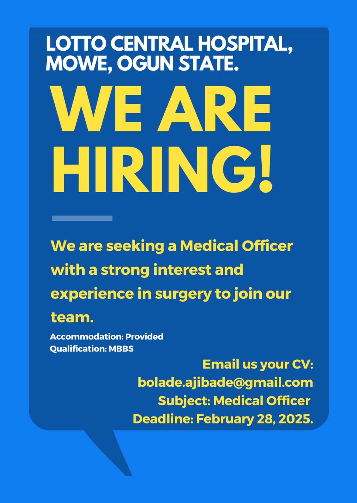 Hiring Full-Time Medical Officer at Loto Central Hospital