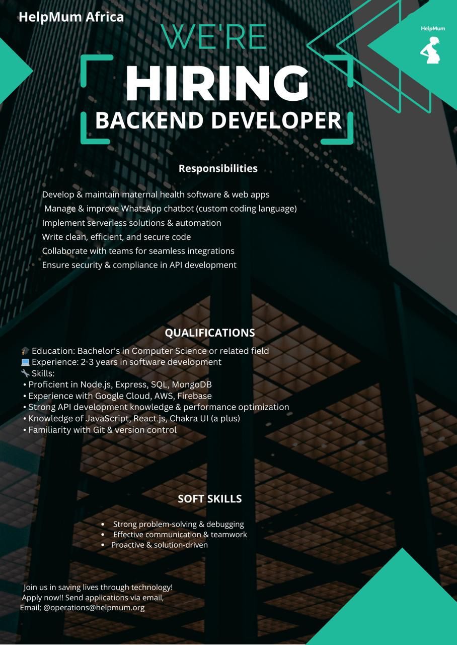 Hiring Backend Developer at Helpmum Africa