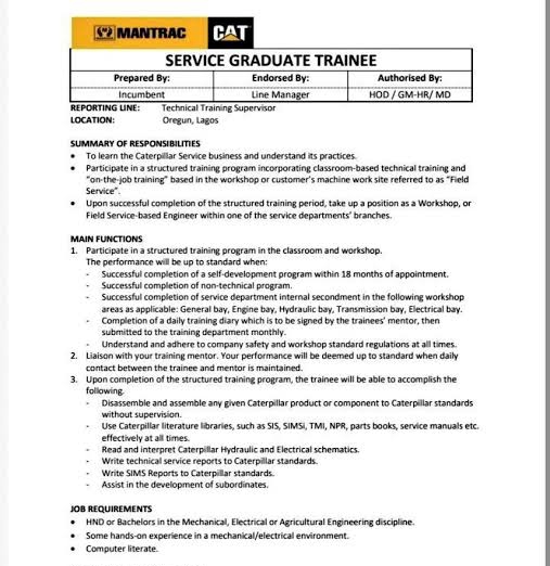 2025 Service Engineer Trainee at Mantrac Nigeria Ltd