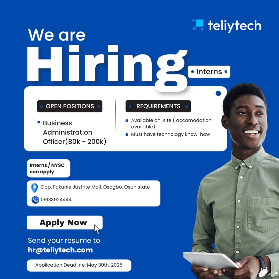 Business Admin Interns Needed at TeliY Tech